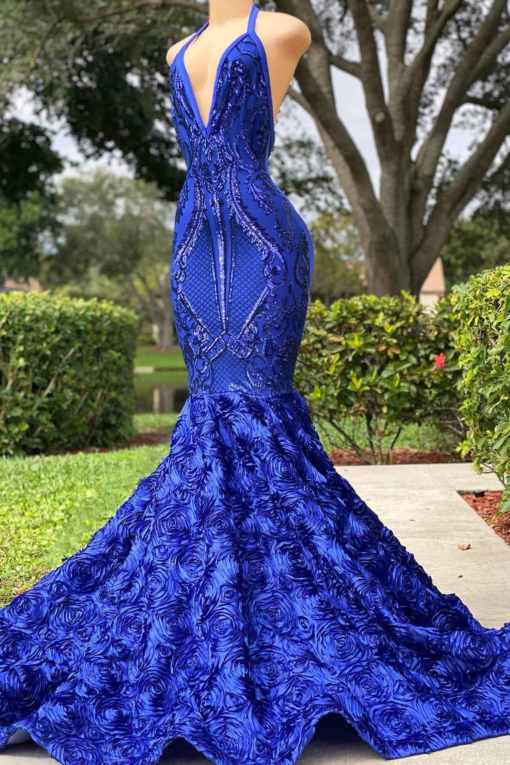 Attractive Halter Applique Mermaid Royal Blue Sleeveless Long Prom Dress