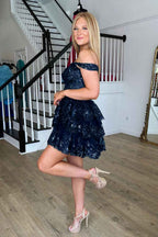 Sparkly Grey A-Line Tiered Lace Short Homecoming Prom Dress Bmbride