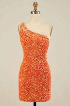 Orange Open Back One Shoulder Sequins Tight Homecoming Dress Bmbride