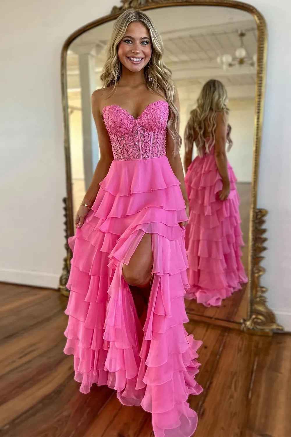 A Line Sweetheart Light Blue Long Tiered Chiffon Prom Dress with Appliques