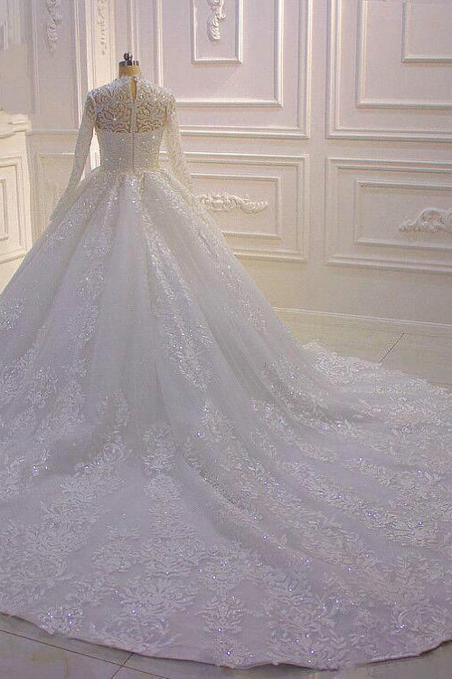 High Neck Long Sleeve Ball Gown Wedding Dress with Lace Ruffles BM bride