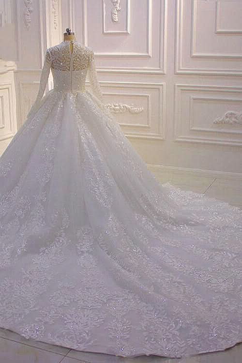 High Neck Long Sleeve Ball Gown Wedding Dress with Lace Ruffles BM bride