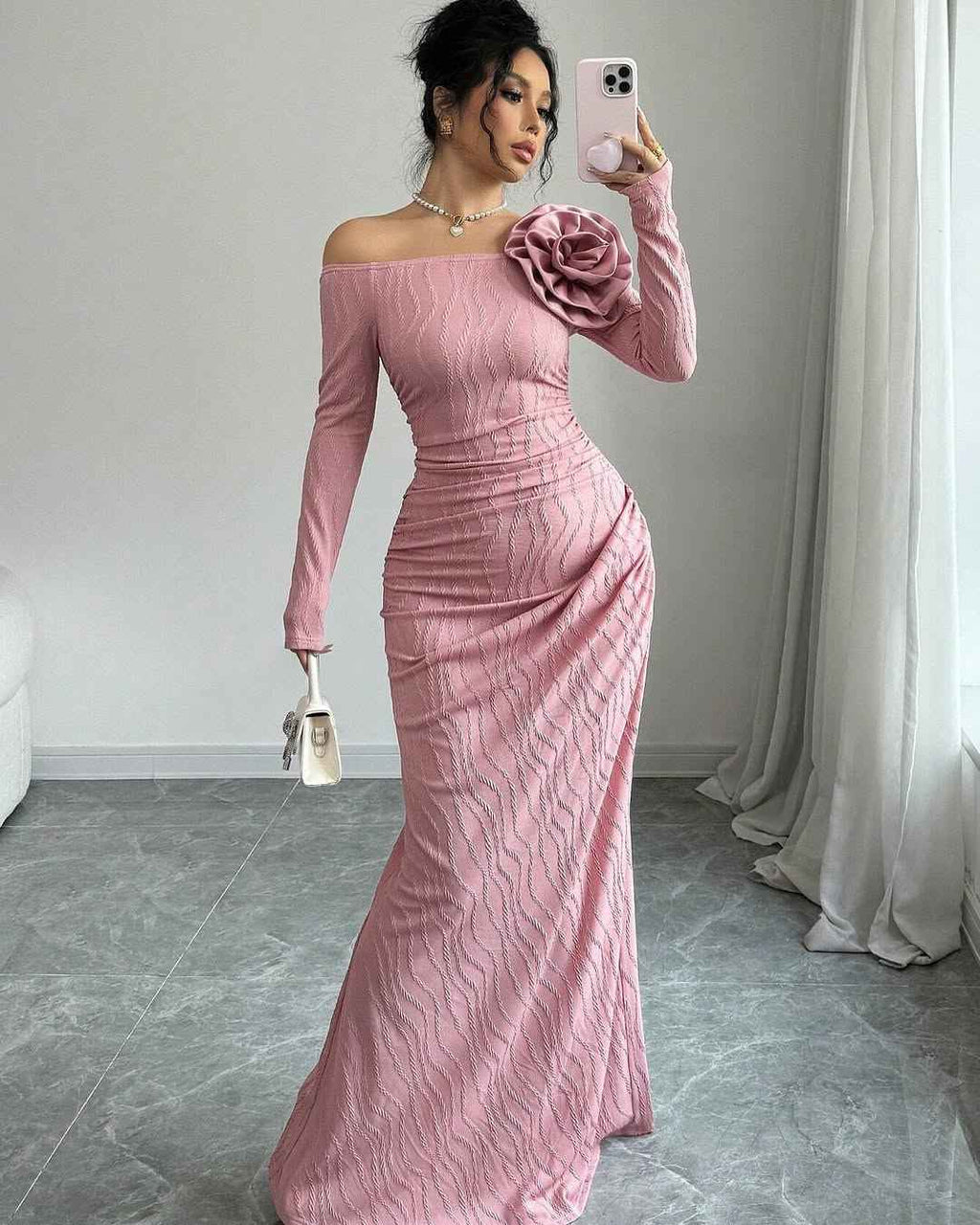 Off-The-Shoulder Long Sleeves Long Mermaid Prom Dress With Flower HF0003