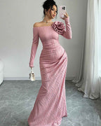 Off-The-Shoulder Long Sleeves Long Mermaid Prom Dress With Flower HF0003