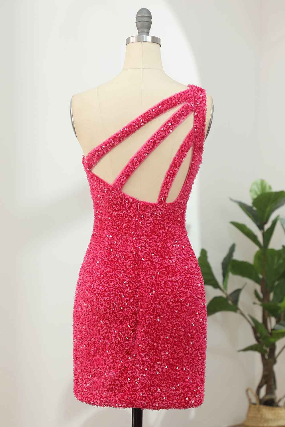 Hot Pink Open Sequins One Shoulder Tight Homecoming Dress Bmbride