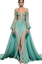 Off the Shoulder Sleeveless Long Split Prom Dress With Appliques