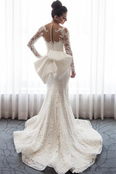 Amazing Long Sleeve Mermaid Lace Wedding Dress with Bowknot and Detachable Skirt BM bride