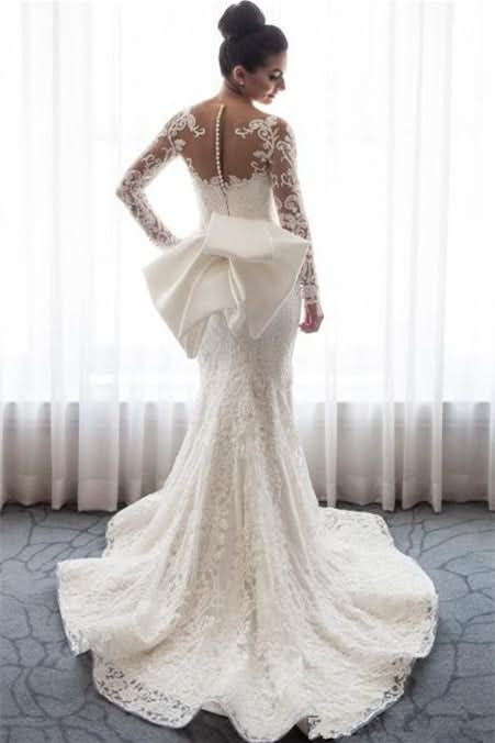 Amazing Long Sleeve Mermaid Lace Wedding Dress with Bowknot and Detachable Skirt BM bride