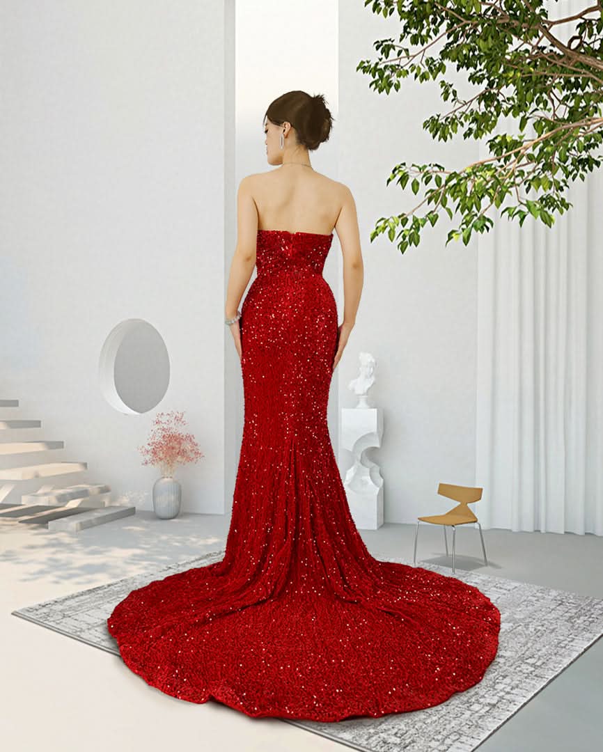 Red Sweetheart Sleeveless Sequined Prom Dress with High Slit BM bride