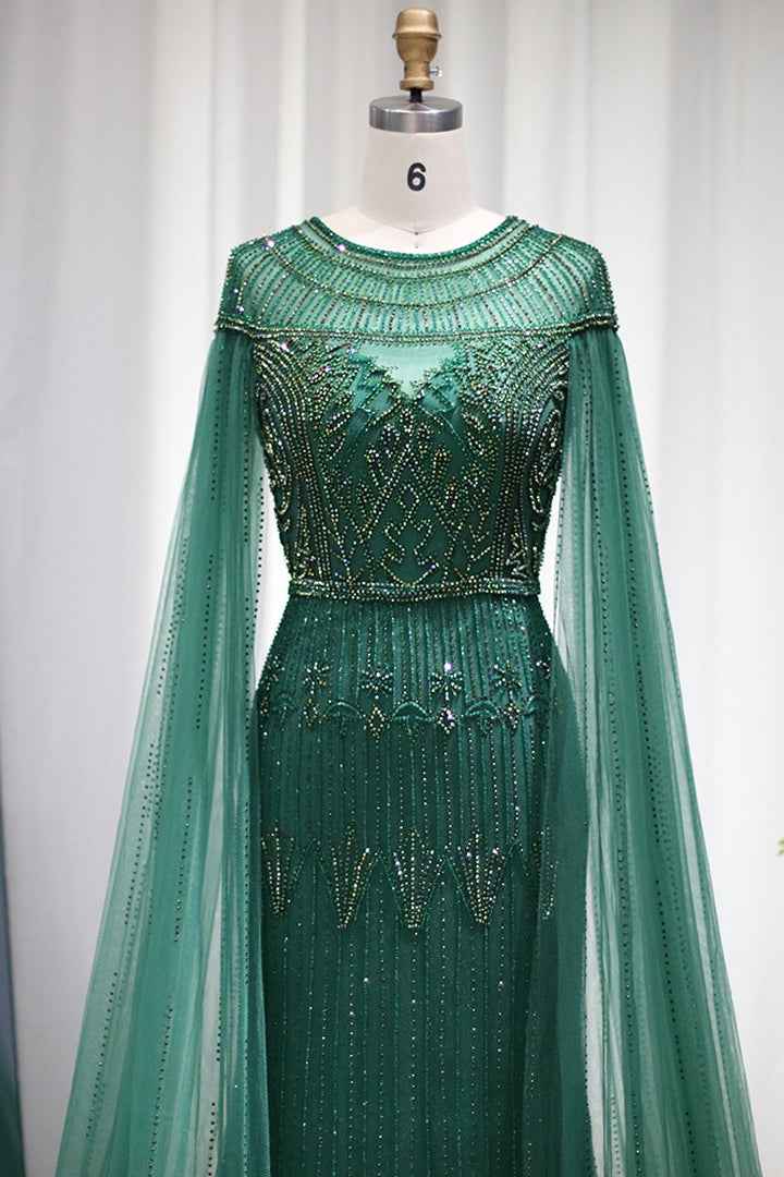 Jewel Neck Mermaid Prom Dress Cap Sleeves Tulle With Appliques Diamond