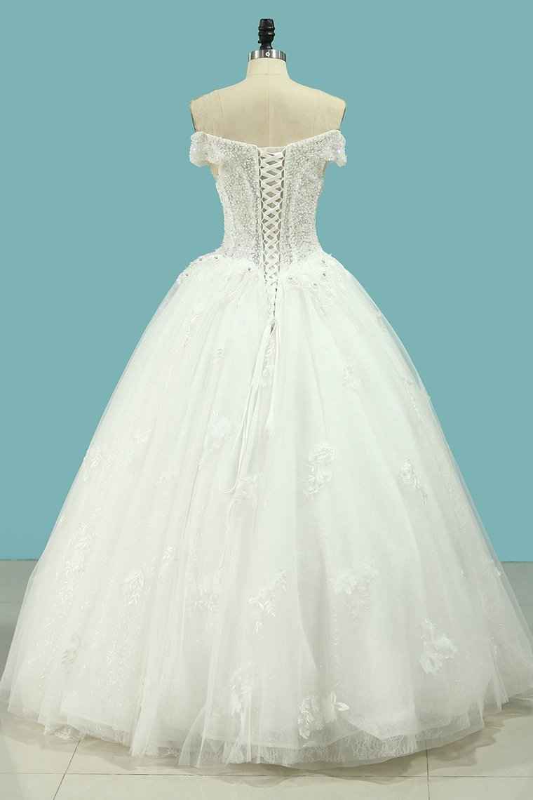 Off-the-Shoulder A-Line Wedding Dress with Lace Appliques and Sequins on Tulle BM bride