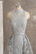 Silver High Neck Sleeveless Prom Dress Tulle Ruffles With Appliques