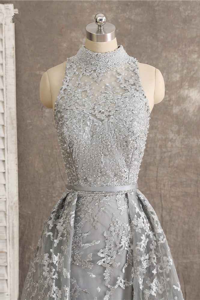 Silver High Neck Sleeveless Prom Dress Tulle Ruffles With Appliques