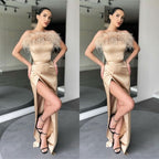 Strapless Feather Mermaid Prom Dress with Slit BM bride