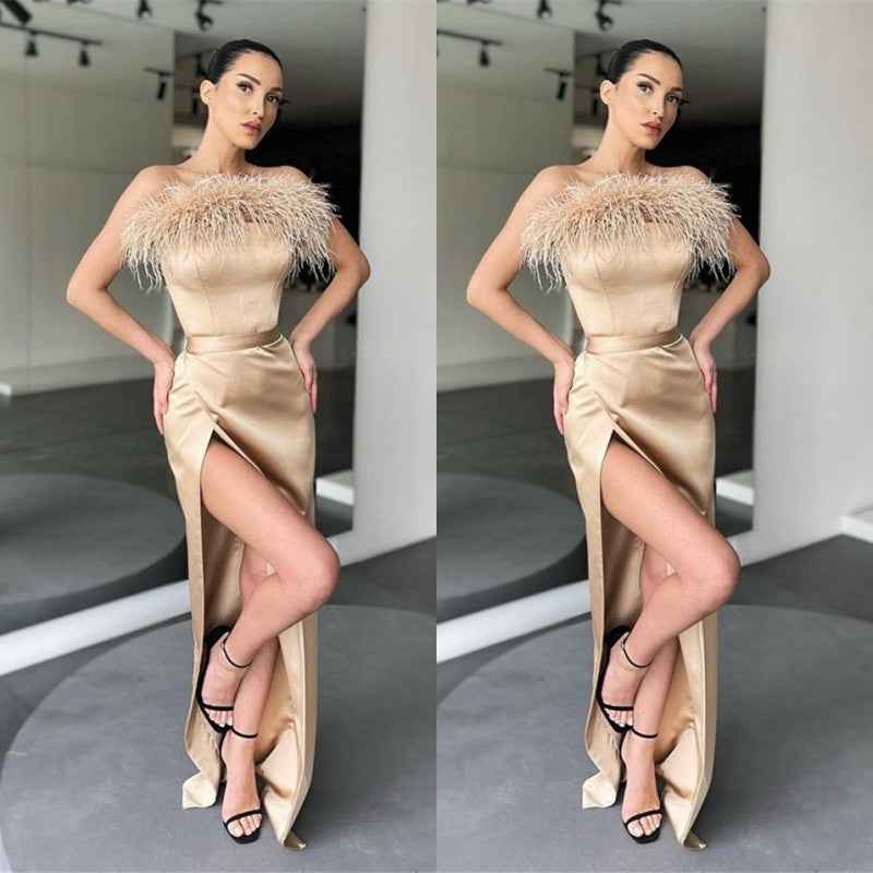 Charming Mermaid Strapless Sleeveless Feathers Prom Dress With High Split