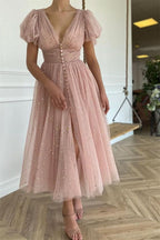 Elegant Taupe Pink V-Neck Short Sleeves Prom Dress with Sequins BM bride