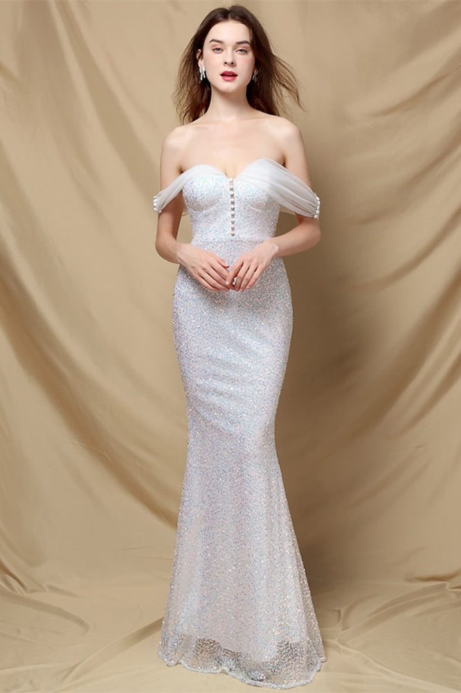 Elegant Off the Shoulder Mermaid Sequins Prom Dress With Sweetheart Buttons BMBRIDE