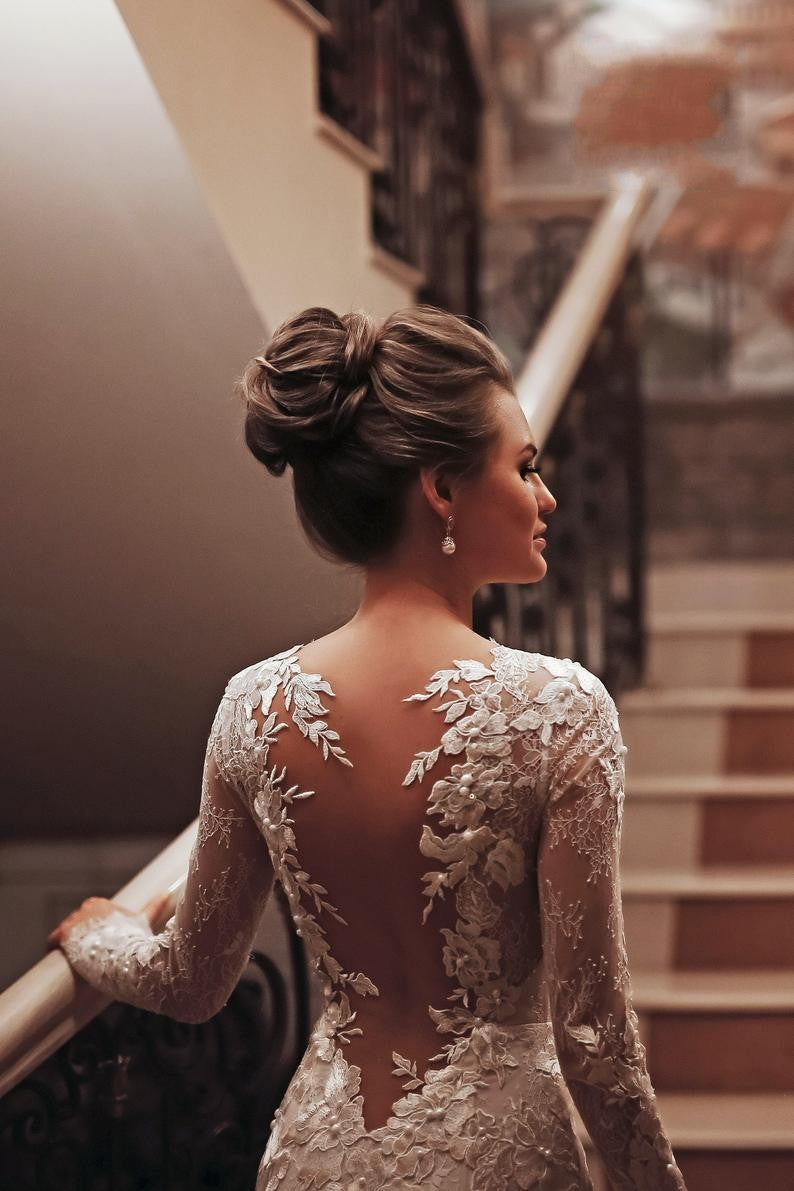 Unique Long Sleeve High Neck Backless Mermaid Wedding Dress with Lace Appliques BM bride