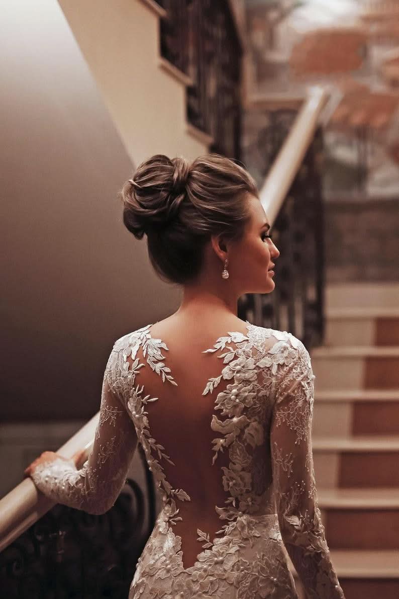 Unique Long Sleeve High Neck Backless Mermaid Wedding Dress with Lace Appliques BM bride