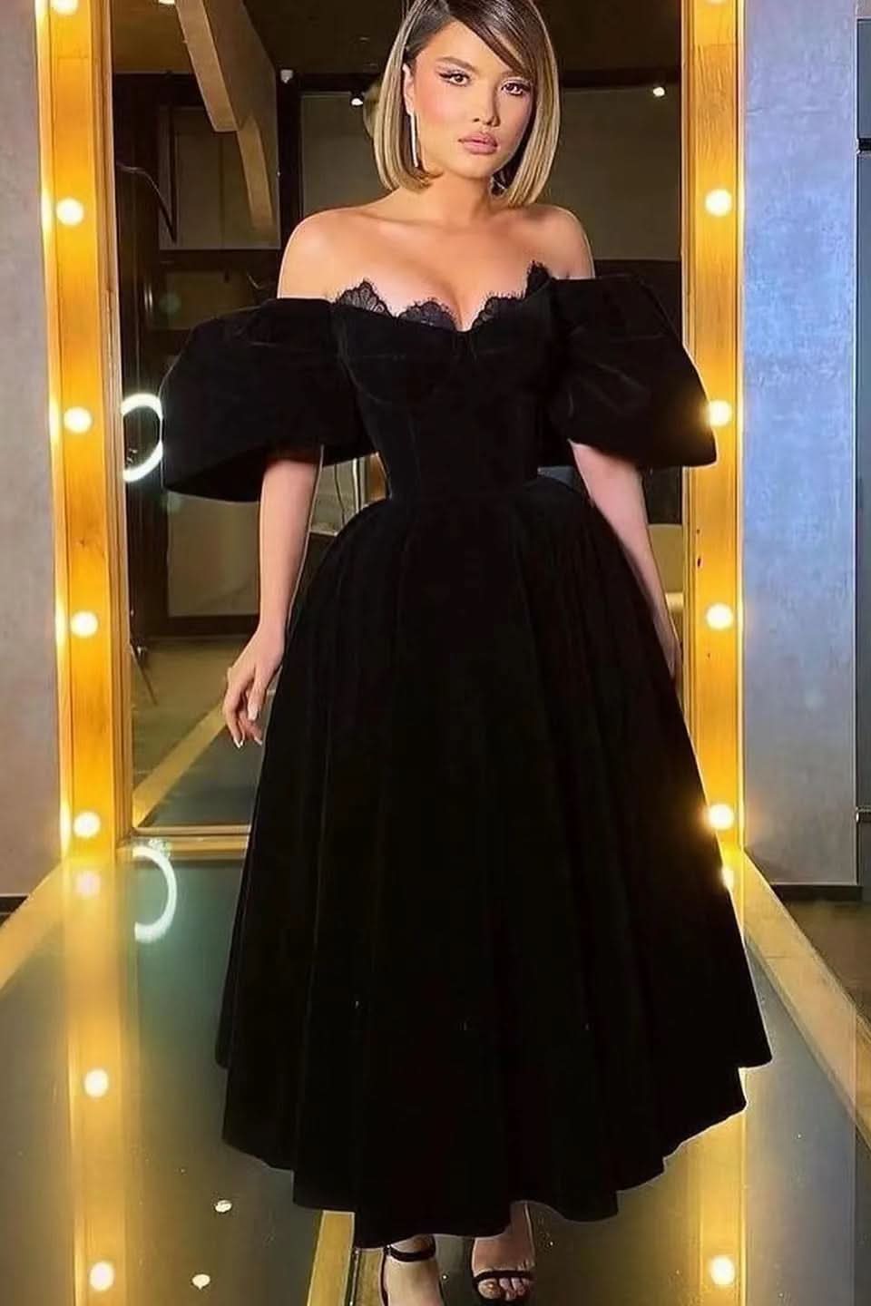 Black Off-The-Shoulder Bubble Sleeves Lace Prom Dress BM bride