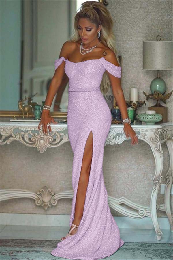 Pink Sequins Off the Shoulder Mermaid Elegant Prom Dresses With Split BMBRIDE