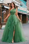 One Shoulder Sleeveless Long Split Prom Dress With Sequins Tulle