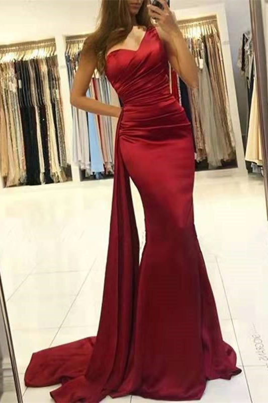 Wine Red One Shoulder Mermaid Prom Dress with Ruffles BM bride