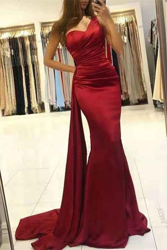 Wine Red Sleeveless Mermaid One Shoulder Pleated Prom Dress With Ruffles