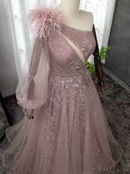 Shinning Blushing Pink One Shoulder Appliques Embroidery Prom Dress