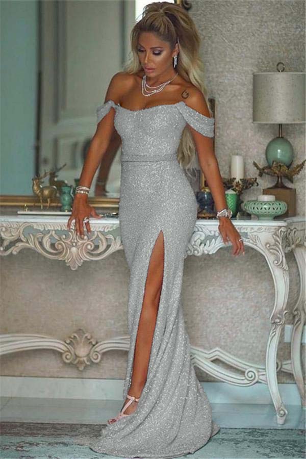 Pink Sequins Off the Shoulder Mermaid Elegant Prom Dresses With Split BMBRIDE