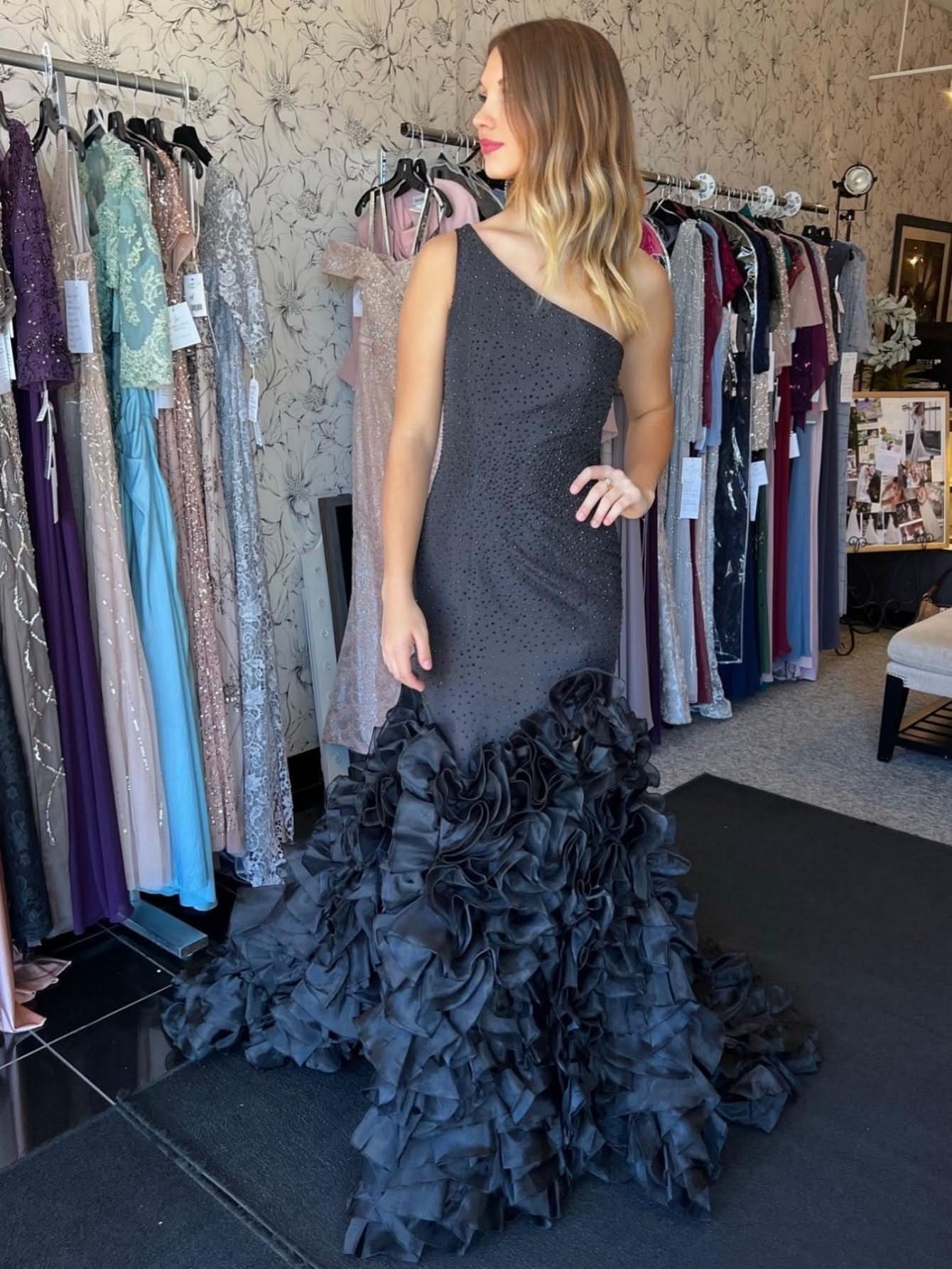 Elegant Mermaid Black One Shoulder Tiered Sequins Long Prom Dress BM bride