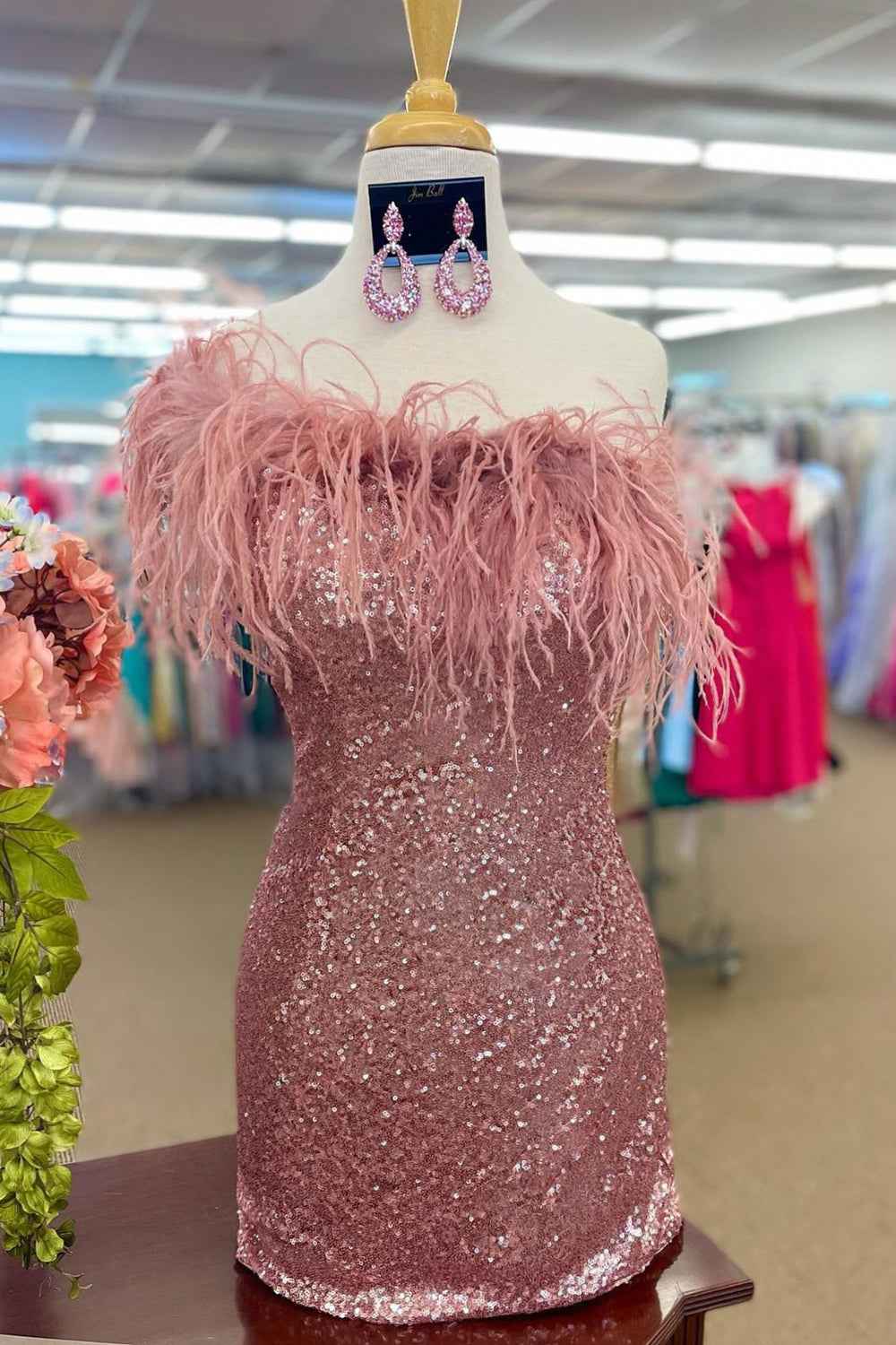 Blue Tight Sequins Homecoming Dress with Feathers Bmbride