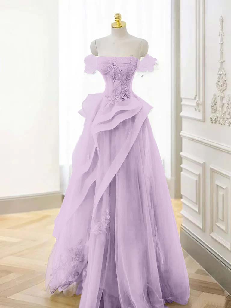 Tulle Off the Shoulder Sleeveless Long Prom Dress With Appliques BMBRIDE