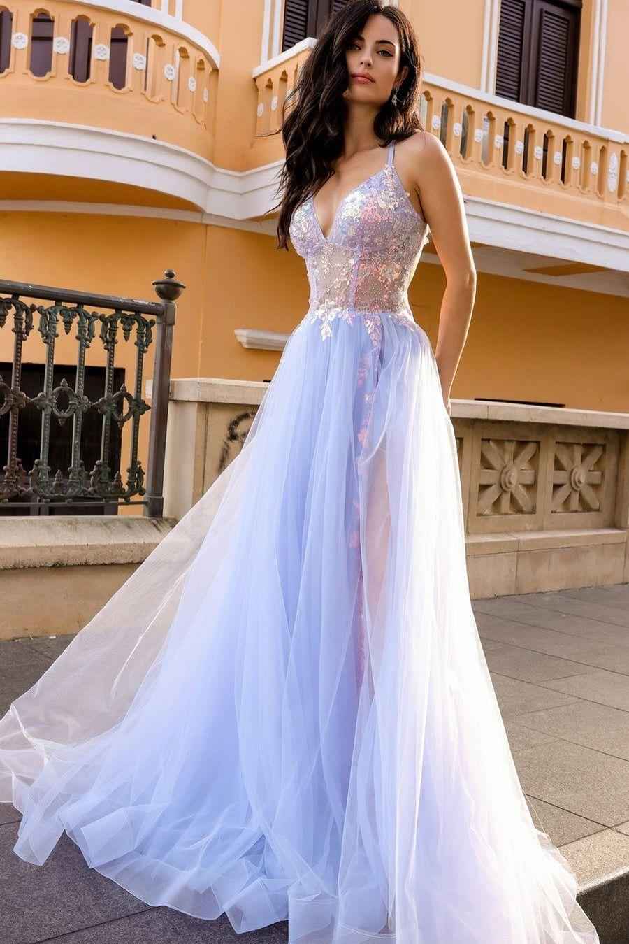 Tulle V Neck Sleeveless Backless Long Prom Dress With Appliques
