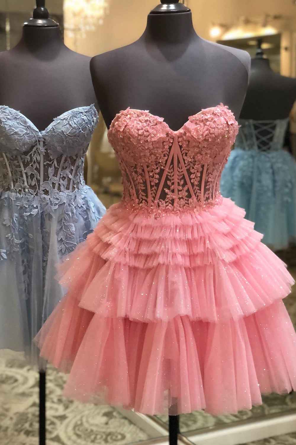Sparkly Pink Corset Tiered Short A-Line Tulle Homecoming Dress with Lace Bmbride