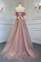 Pink Off-the-Shoulder Bubble Sleeve Prom Dress with Sequins and Tulle Belt BM bride