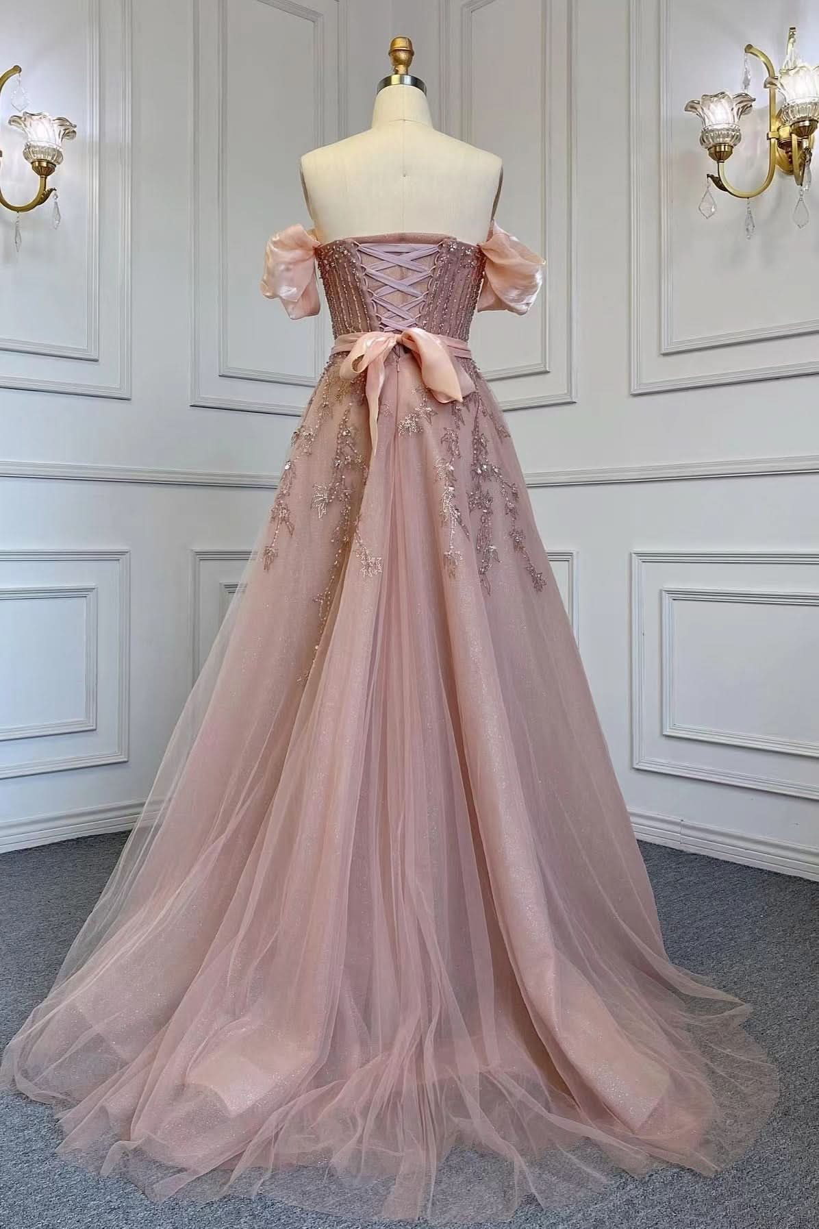 Pink Off-the-Shoulder Bubble Sleeve Prom Dress with Sequins and Tulle Belt BM bride