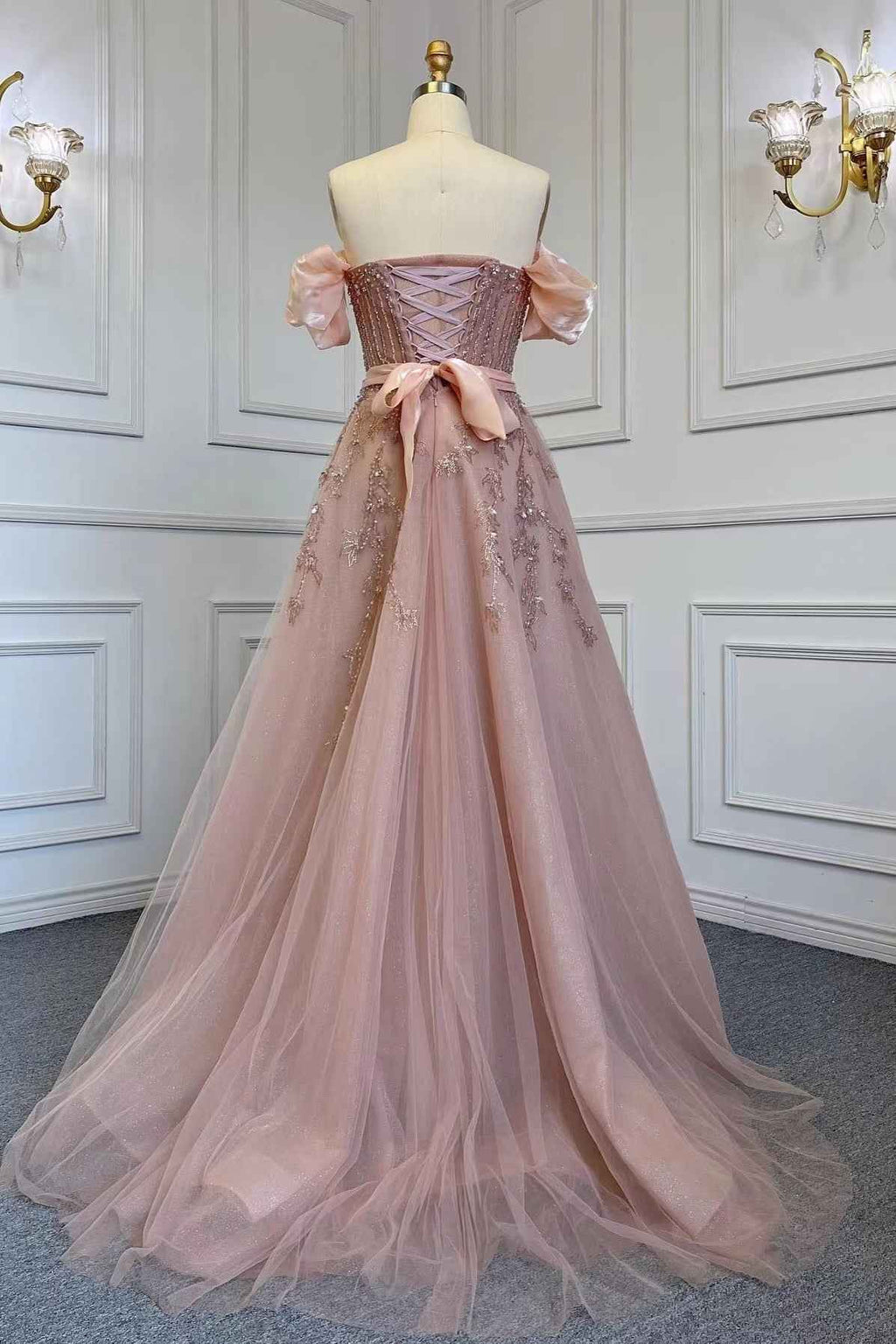 Pink Off the Shoulder Bubble Sleeves Prom Dress Belt With Sequins Tulle