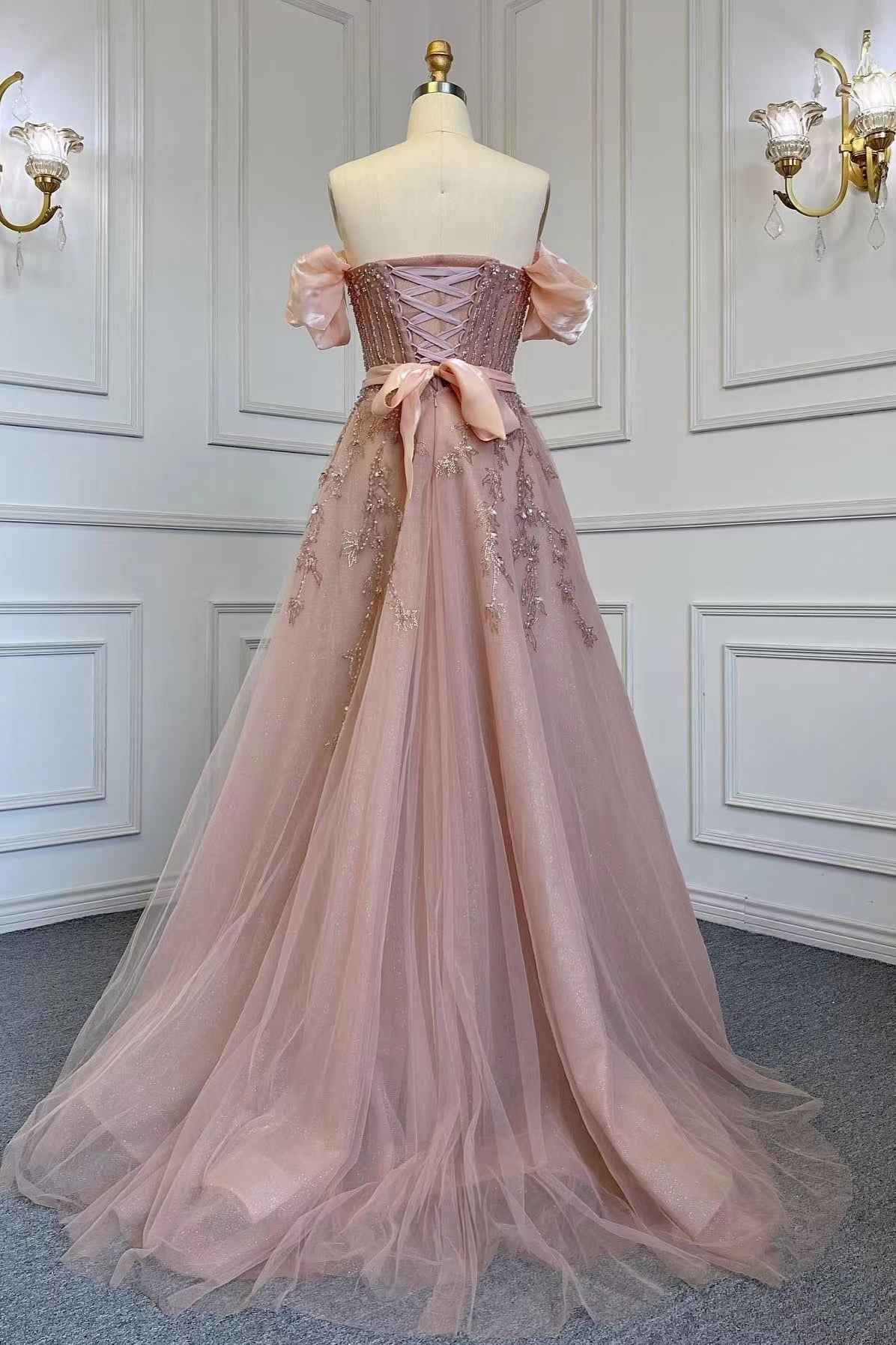 Pink Off the Shoulder Bubble Sleeves Prom Dress Belt With Sequins Tulle