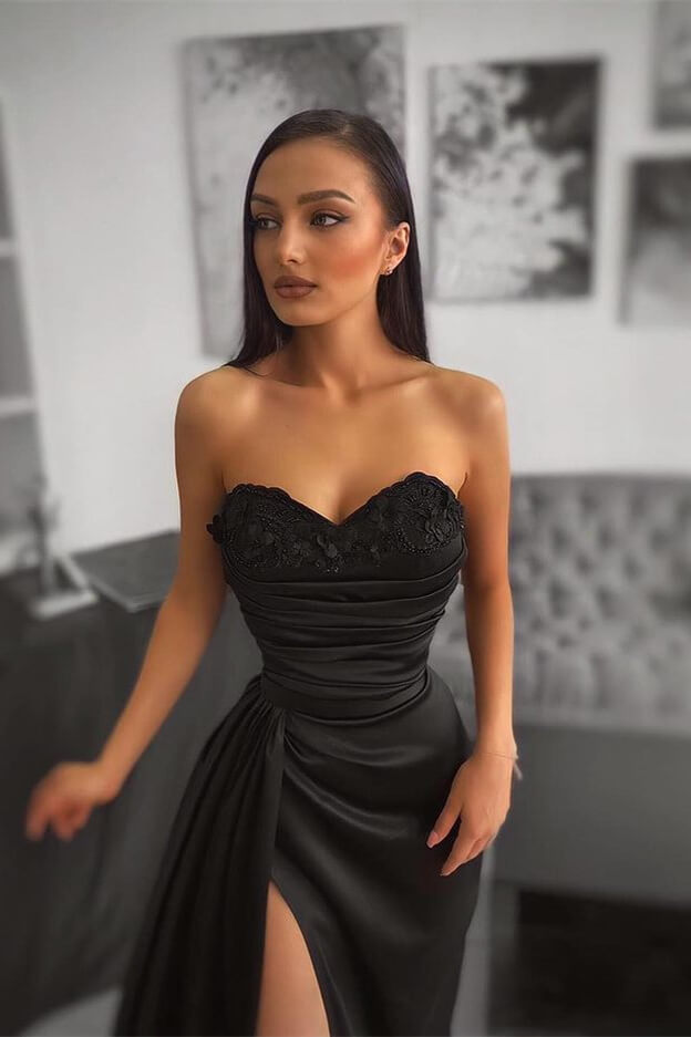 Charming Black Evening Dress Prom Dress Sweetheart with Applique Pleated BM bride