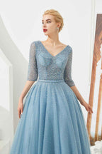 V Neck Dusty Blue Half Sleeves Prom Dress With Beading Lace up