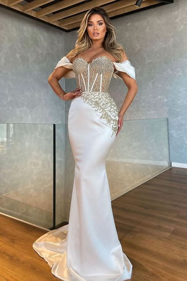 Beautiful White Off-The-Shoulder Appliques Long Mermaid Prom Dress BM bride