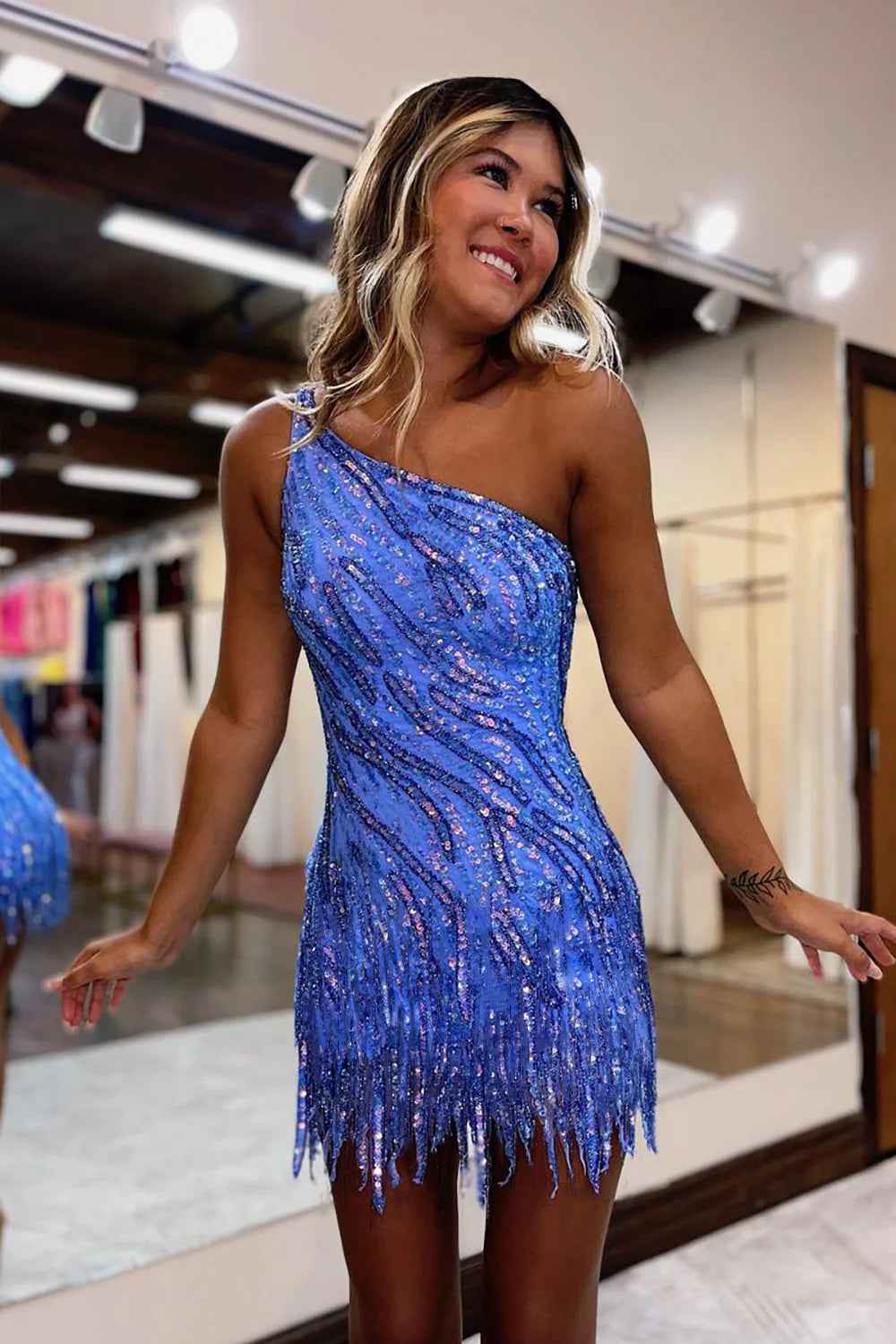 Sparkly Blue One Shoulder Sequins Tight Short Hoco Dress with Fringes Bmbride