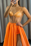 Orange High Split A-Line Spaghetti-Straps Long Prom Dress BM bride