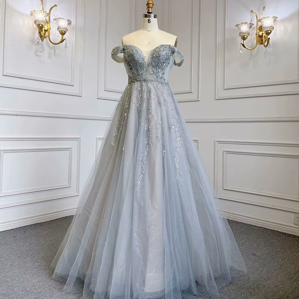 Dusty Blue Sequin Prom Dress, Long A-Line V-Neck Sleeveless, Backless BM bride