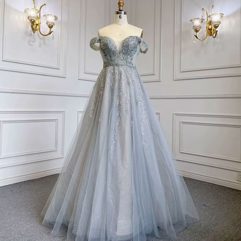 Dusty Blue Sequin Prom Dress, Long A-Line V-Neck Sleeveless, Backless BM bride