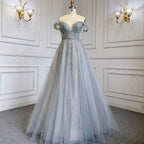 Dusty Blue Sequin Prom Dress, Long A-Line V-Neck Sleeveless, Backless BM bride