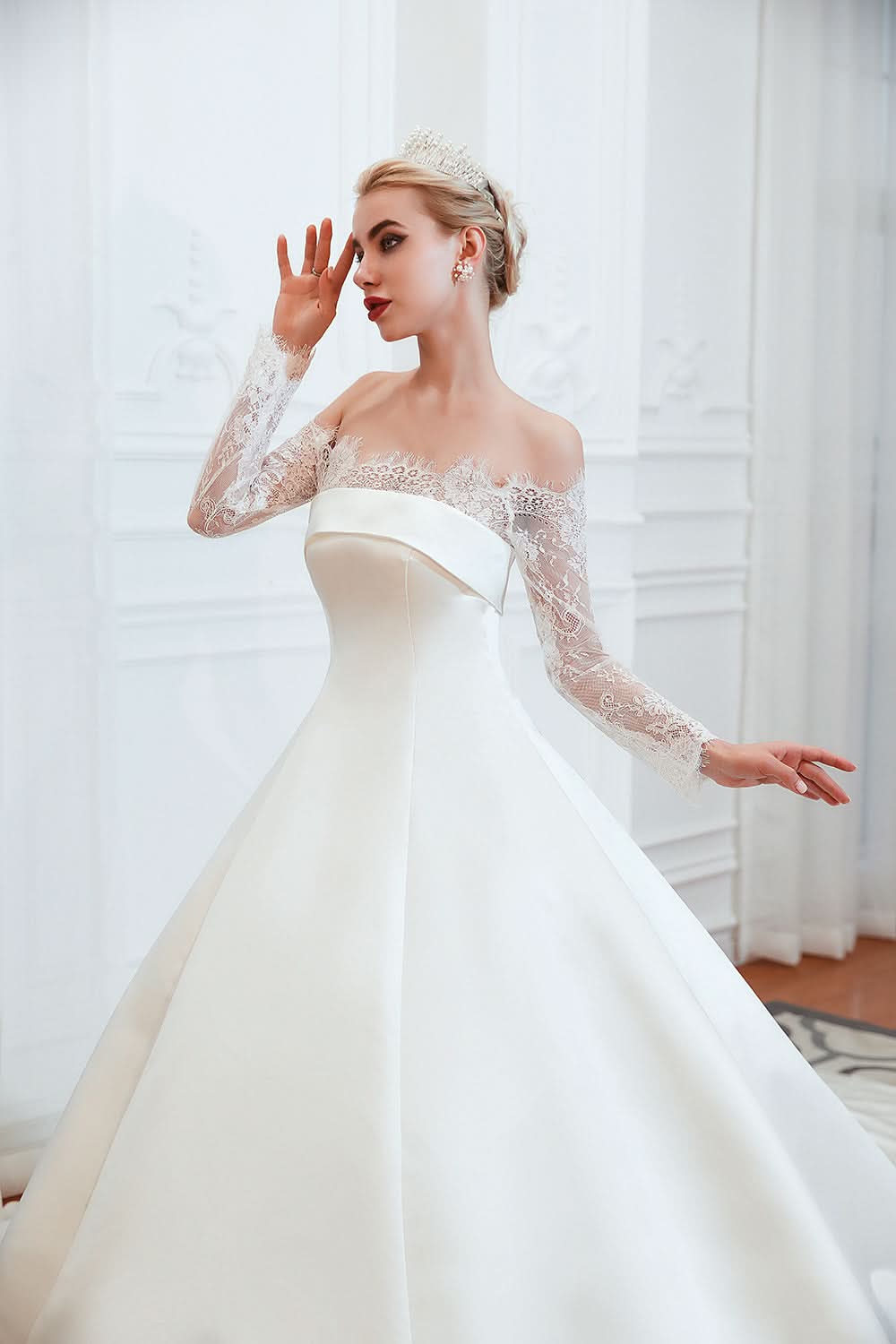 Stunning Off-the-Shoulder Long Sleeve A-Line Satin Wedding Dress with Lace BM bride