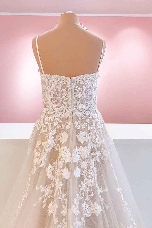 Spaghetti Strap A-Line Tulle Backless Wedding Dress with Lace Appliques BM bride