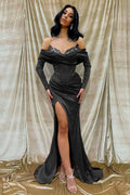 Off the Shoulder Long Sleeves Mermaid Long Prom Dress With Beading BMBRIDE